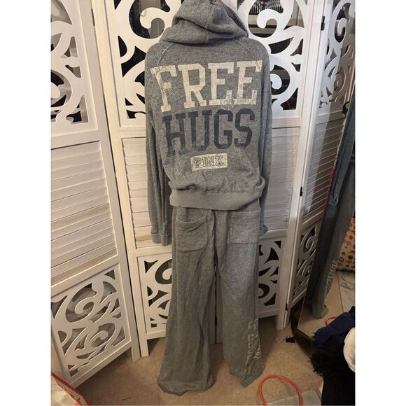VS PINK grey glitter hooded pullover sweatshirt & pants  set- sweatsuit large - Picture 1 of 9